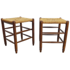 Set Vintage Houten Krukjes Met Biezen Zitting thumbnail 1