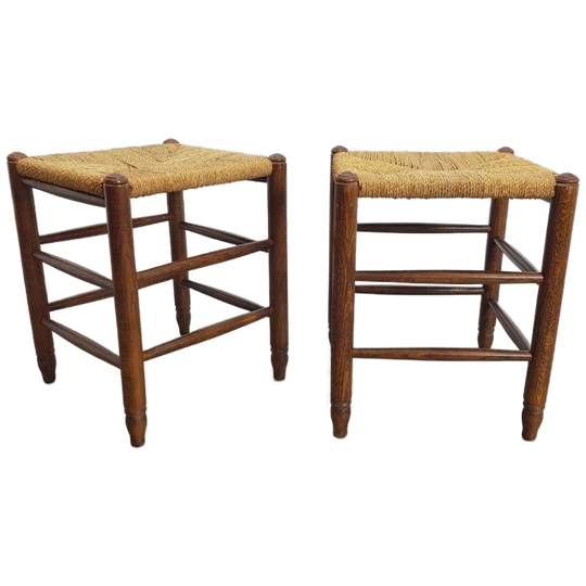 Set Vintage Houten Krukjes Met Biezen Zitting 1