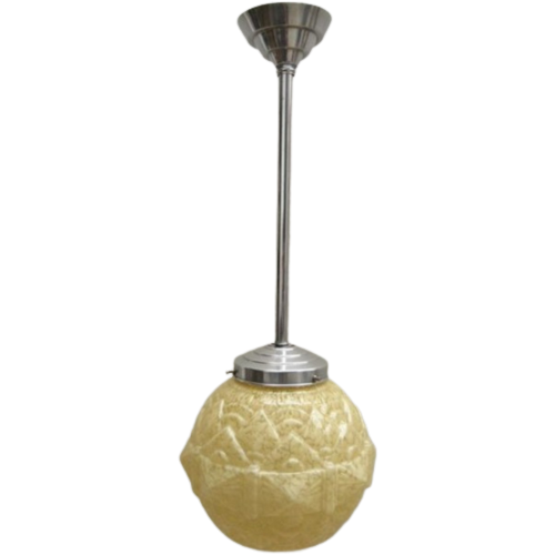 Art Deco Hanglamp Met Glazen "Diamant" Bol, Lengte 54 Cm