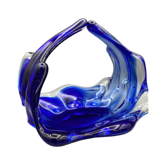 Vintage Glazen Schaal Mand 50's Blauw Lux Glass Faconne Main Austria 1