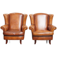 Geweldige Set Van 2 Luxe En Comfortabele Schapenleren Oorfauteuils Met Zwarte Biezen