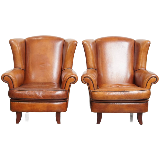 Geweldige Set Van 2 Luxe En Comfortabele Schapenleren Oorfauteuils Met Zwarte Biezen 1