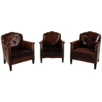 Prachtige Set Van 3 Leren Clubstoelen – Jaren 30 Schapenvacht thumbnail 1