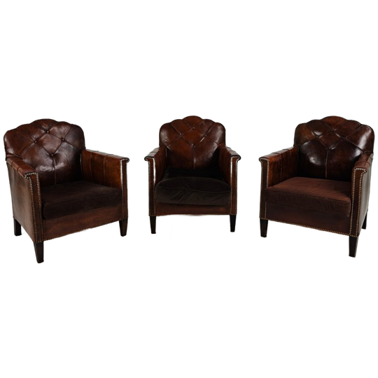Prachtige Set Van 3 Leren Clubstoelen – Jaren 30 Schapenvacht 1