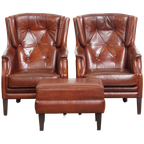 Comfortabele En Karaktervolle Set Van 2 Schapenleren Chesterfield Fauteuils Met Hocker thumbnail 1