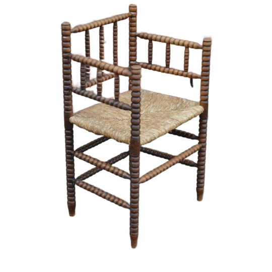 Antiek Spinnenkop Armstoeltje Van Eikenhout Met Biezen Zitting – Bobbin Hoekstoel 1
