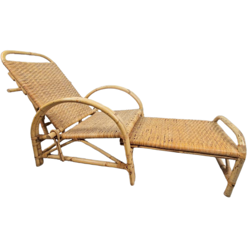 Vintage Boho Rotan Ligstoel Lounge Chair '60 Verstelbaar