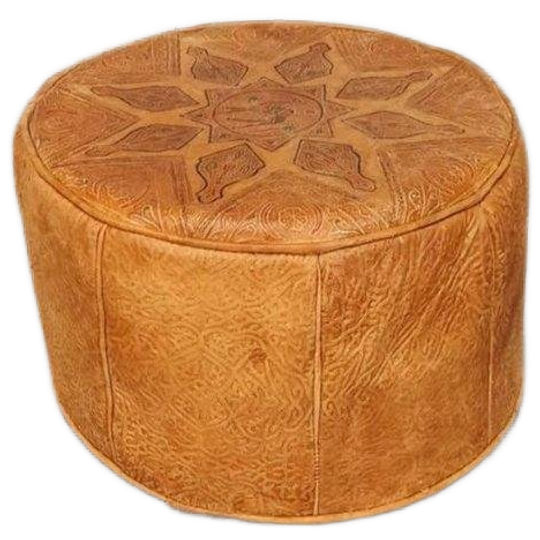 Vintage Leren Cognac Poef Ottoman, Rond 1