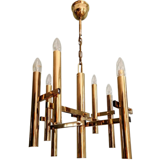 Geometrische Koperen Kroonluchter, Hollywood Regency-stijl 1