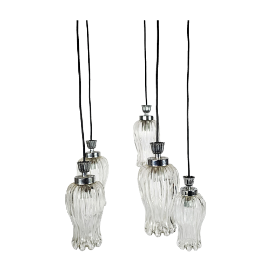 Vintage - Cascade - Messing Hanglamp Met 5 Glazen Kelken - 60's 1