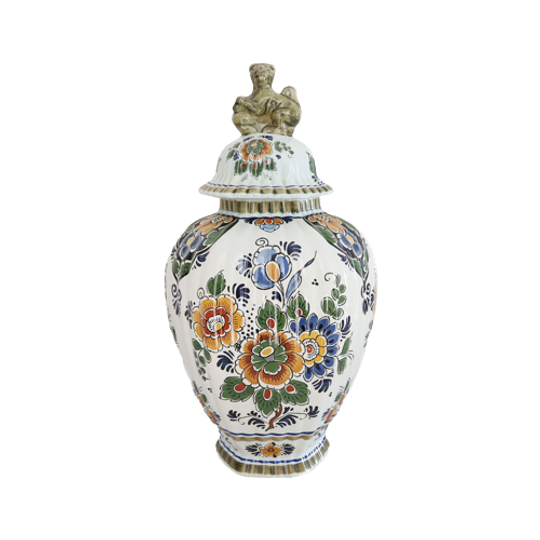 Vintage Dekselvaas/urn Delfts Polychroom Hollands Handwerk, Jaren '70 1