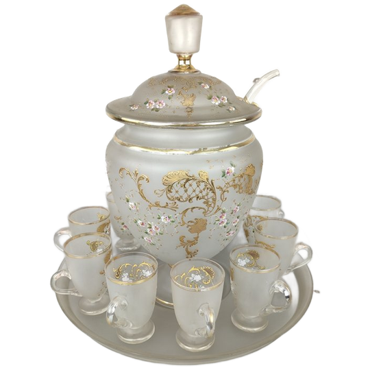 Grote Antieke Geëmailleerde Glazen Punch Set 1