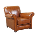 In Goede Staat Verkerende En Comfortabele Mooie Cognac-kleurige Antieke Schapenleren Armchair thumbnail 1