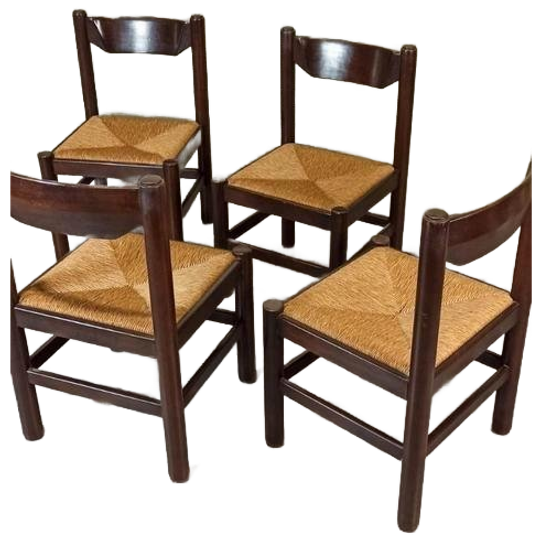 Set Van 4 Vintage Hout En Riet Eetkamerstoelen 1
