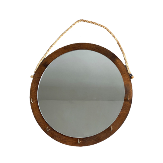 Vintage Ronde Houten Wandspiegel Met Haken / Haakjes 1
