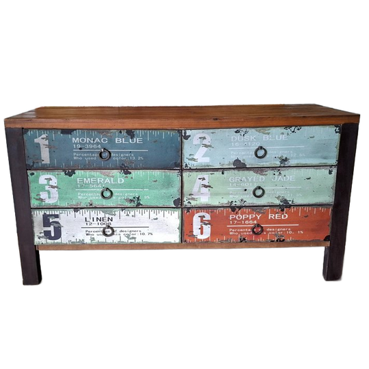 Kleurrijke Houten Ladekast, Commode, Tv-meubel, Industrieel Look Afm. 121x40cm En 64cm Hoog. 1