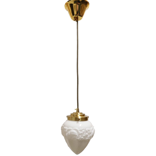 Art Deco Hanglamp Mat Opaline Glazen Kap Met Rozen, Frankrijk Jaren '20/anno Nu 1