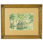 Aquarel José Wolff Kunst Schilderij Houten Barok Stijl Lijst 1924 thumbnail 1