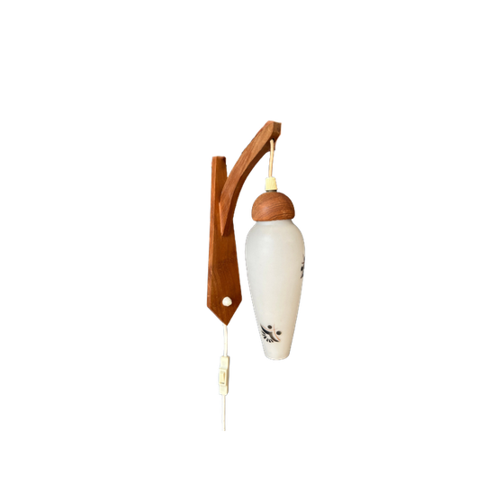 Teakhouten Wandlamp - Deense Opaline Glazen Wandlamp - Mid Century Sconce 1