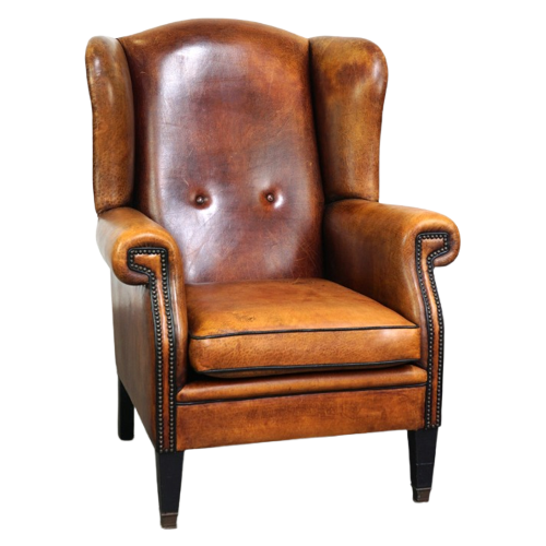 Grote En Zeer Comfortabele Schapenleren Oorfauteuil Met Een Geweldig Patina