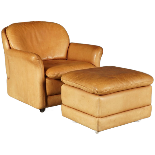 Vintage Leren Fauteuil Met Hocker – Hans Kaufeld – Jaren 70 1