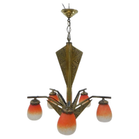 Messing Art Deco Hanglamp Met 5 "Pates De Verre" Kappen