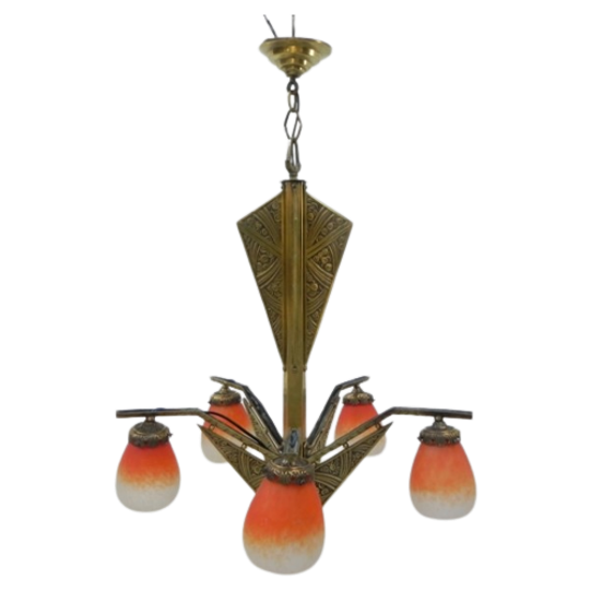 Messing Art Deco Hanglamp Met 5 "pates De Verre" Kappen 1