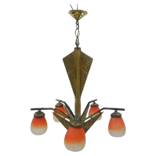 Messing Art Deco Hanglamp Met 5 "Pates De Verre" Kappen