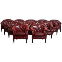 Unieke Set Van 14 Mooie Engelse Rundleren Chesterfield Fauteuils In Een Gevlamde Rode Kleur