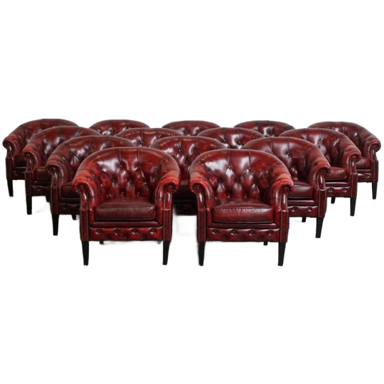 Unieke Set Van 14 Mooie Engelse Rundleren Chesterfield Fauteuils In Een Gevlamde Rode Kleur 1