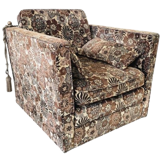 Vintage Bruine Gebloemde Fauteuil / Slaapzetel / Eenzit 1