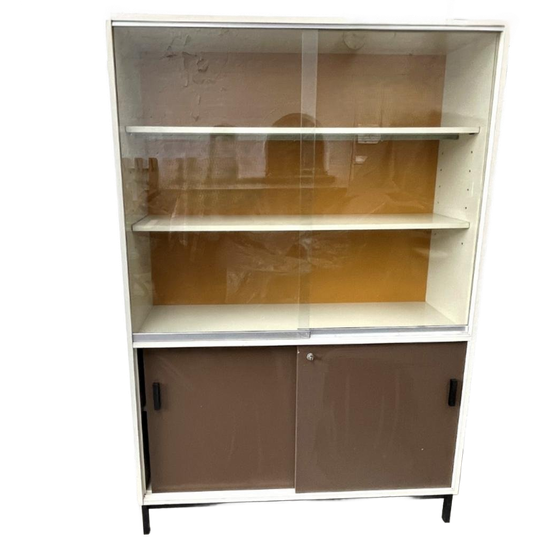 Midcentury Vitrinekast –boekenkast - Wit, Bruin, Okergeel 1