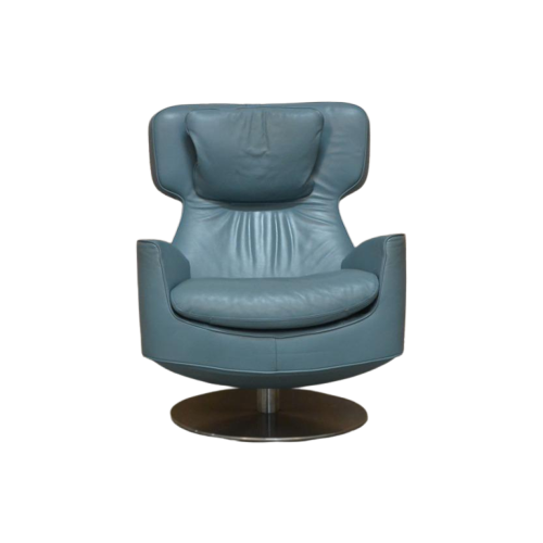 Zgan Blauwe Leren Leolux Ottana Design Draaifauteuil + Poef