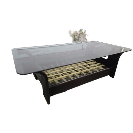 Vintage Glazen Salontafel Met Donker Houten Frame 1