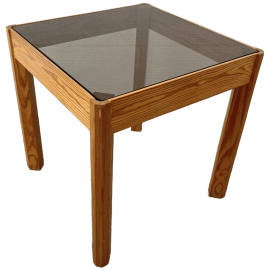 Vintage Bijzettafel Grenen, Rookglas - Vierkant 1