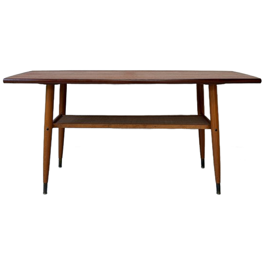 Vintage Houten Salontafel Met Rieten Onderblad 1
