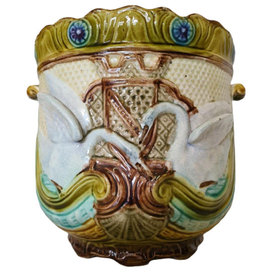 Frans Art Nouveau Majolica Bloempot Zwanen Begin 20e Eeuw 1