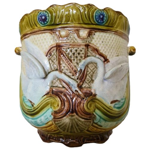 Frans Art Nouveau Majolica Bloempot Zwanen Begin 20E Eeuw