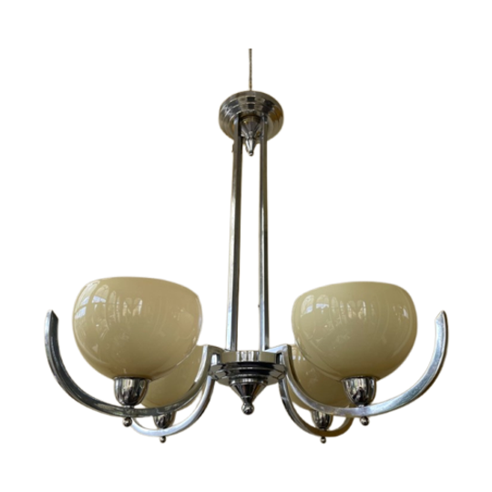 Lamp Hanglamp Art Deco 1930 4 Arms Met Gele Schalen Verchroomd 1