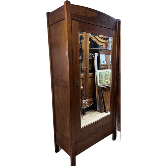 Antiek Eiken Kast Met Spiegeldeur En Planken, 92 Cm Breed, Meer Foto's Volgen 1