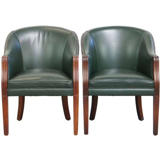 Leuke Set Van 2 Groene Rundleren En Houten Bijzet/ Eetkamer/ Bureaustoelen In Engelse Stijl 1
