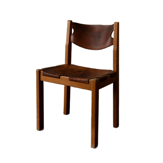 Vintage Maison Regain Houten Stoel Met Cognac Leren Zitting, Frankrijk Jaren 60 1