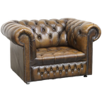 Mooie Vintage Engelse Rundleren Chesterfield Button Seat Fauteuil thumbnail 1