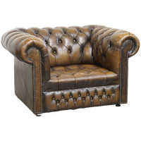 Mooie Vintage Engelse Rundleren Chesterfield Button Seat Fauteuil