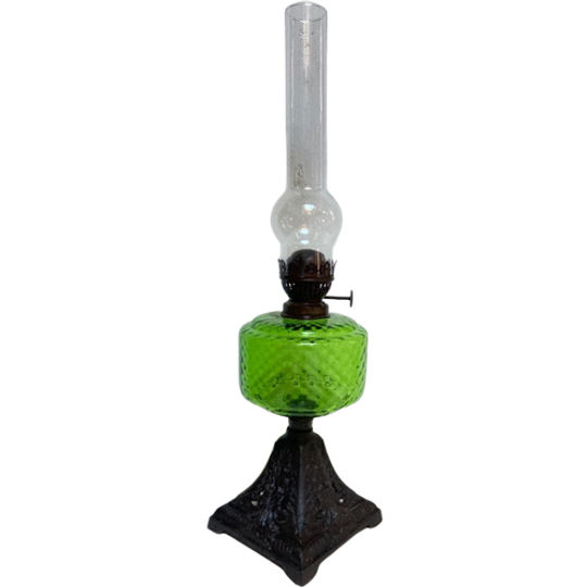 Antieke Staande Olielamp, Groen Glas, 13 X 13 X 53 Cm Reliving 1