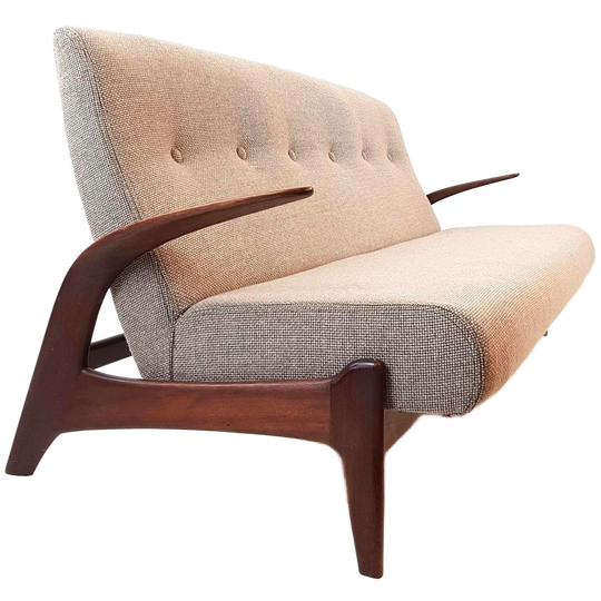 Vintage Teakhouten Bank Gimson & Slater De Ploeg Stof Wol 1