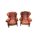 2 X Engelse Bendic Chesterfield Oorfauteuils In Cognac Bruin thumbnail 1