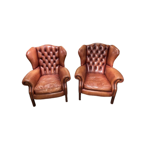 2 X Engelse Bendic Chesterfield Oorfauteuils In Cognac Bruin