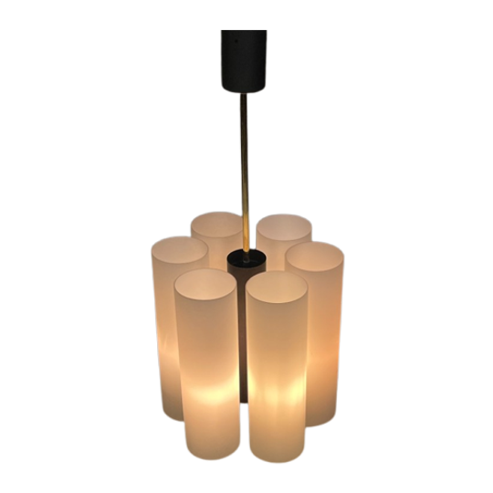 Vintage Hanglamp / Kroonluchter, Melkglazen Kokers, Duitsland 1970's 1