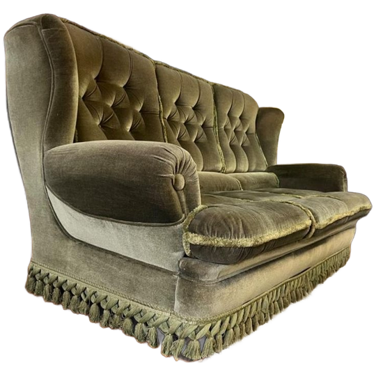 Vintage Groene Zetel / Canapé / Bank Met Franjes 1